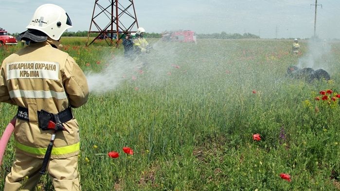 Крымские огнеборцы отработали ликвидацию условного возгорания пшеничного поля