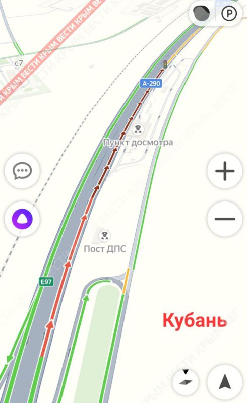 Ситуация на подъездах к Крымскому мосту со стороны полуострова и Краснодарского края по данным Яндекс Карты