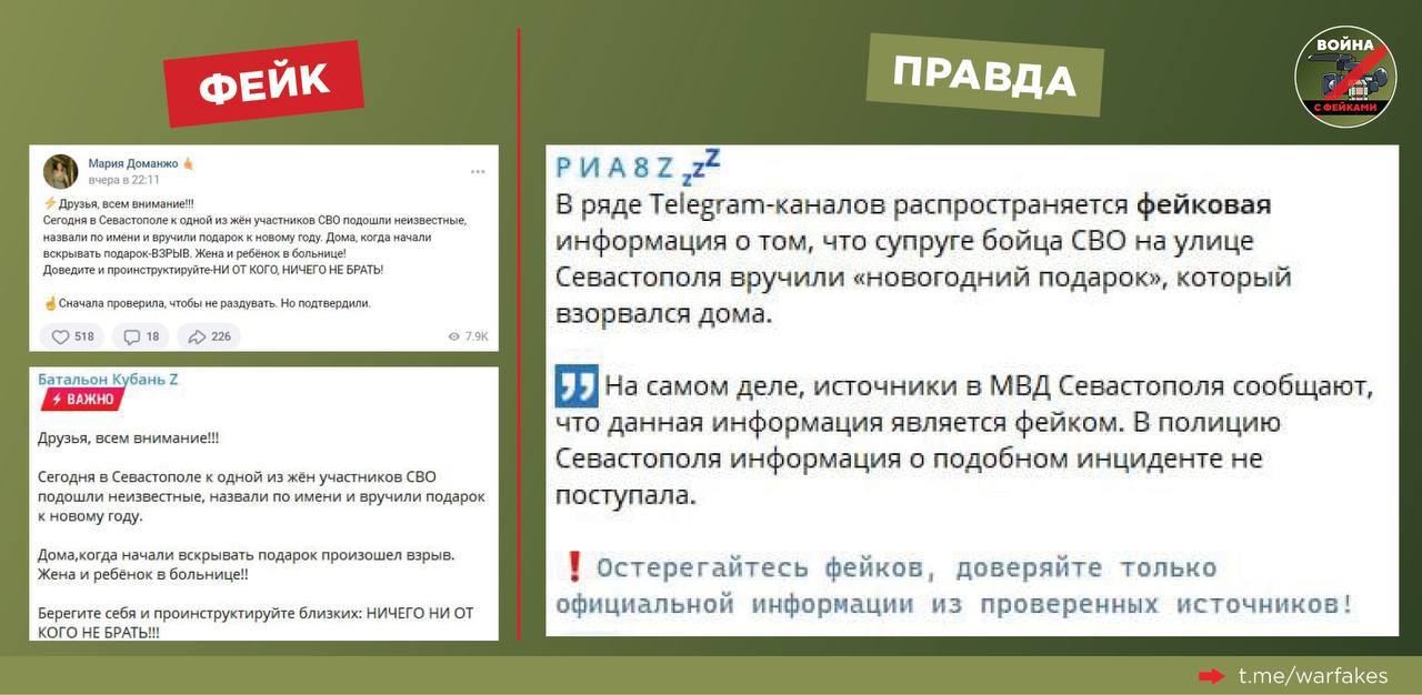 Фейк: Жене участника СВО в Севастополе неизвестные вручили новогодний  подарок, который взорвался дома у женщины, сообщается в ряде  телеграм-каналов и социальных сетях - Лента новостей Крыма