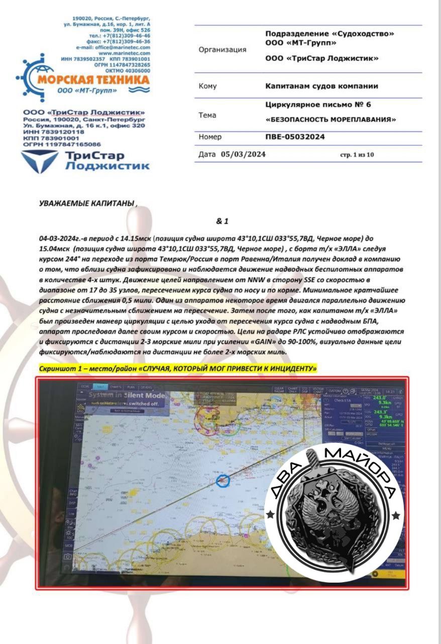 Два майора: Чёрное море. Нам пишут, что днём 4 марта 2024 года гражданское  судно 