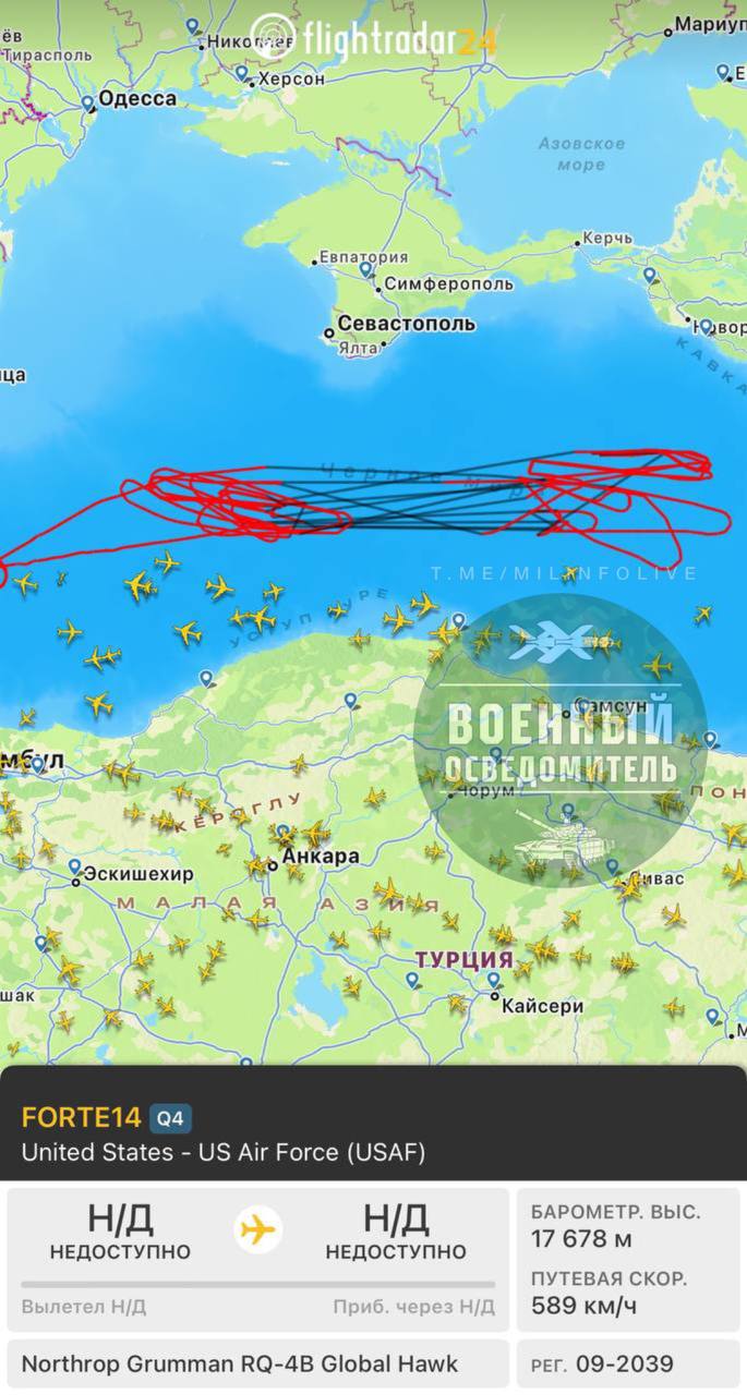 Стратегический разведчик ВВС США RQ-4B Global Hawk с позывным FORTE 14,  проведя над нейтральными водами Черного Моря не менее 25 часов,  возвращается на Сицилию на а/б «Сигонелла» - Лента новостей Крыма