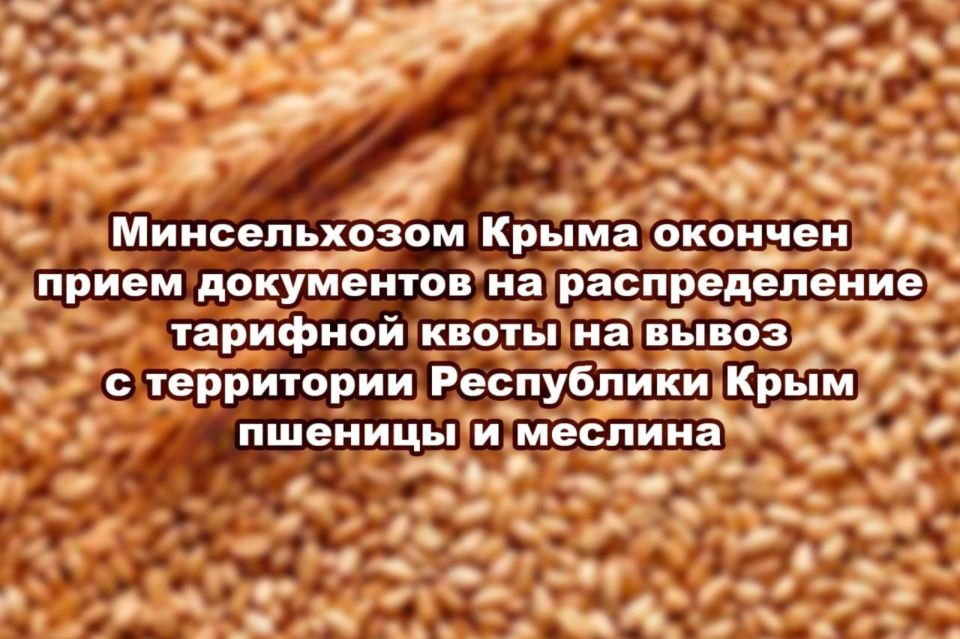 Минсельхоз Крыма сообщает об окончании приема документов на распределение тарифной квоты на вывоз с территории Крыма пшеницы и меслина