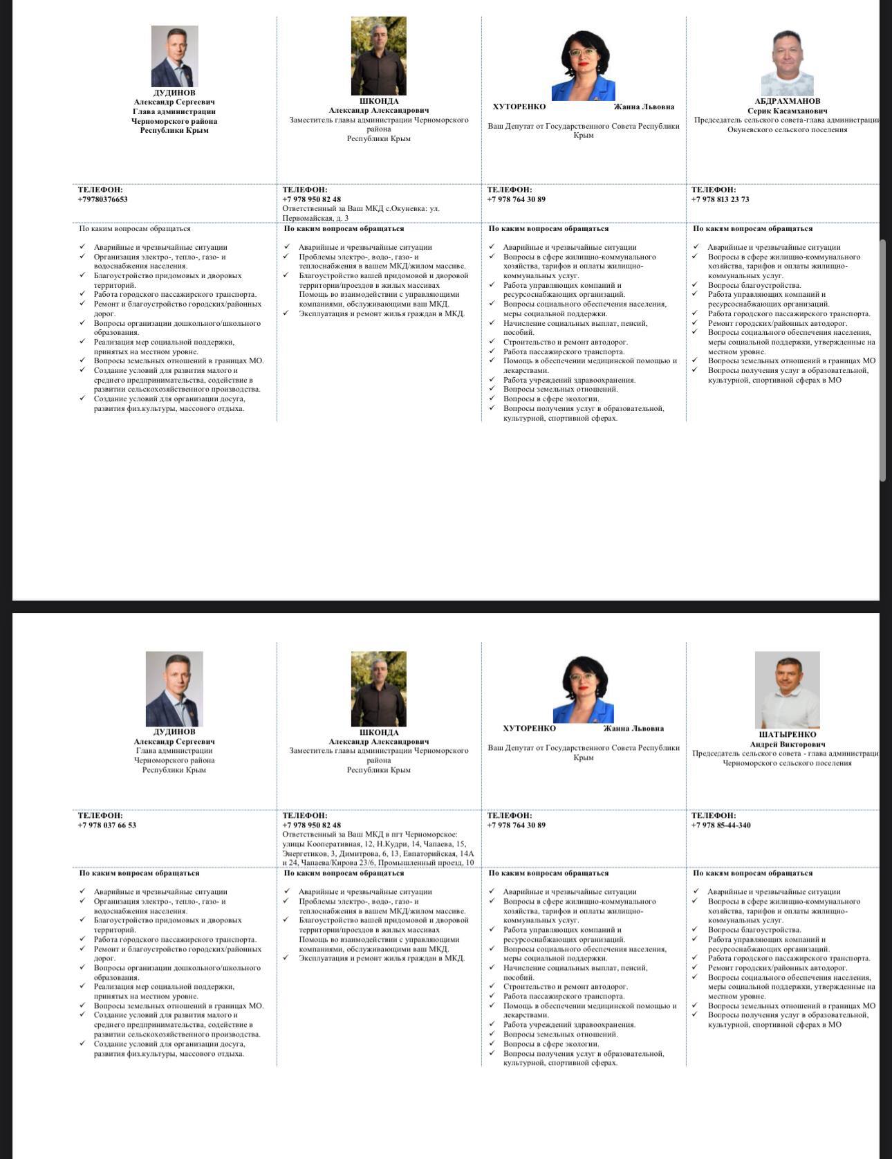Друзья! Оставляем контактные номера телефонов главы администрации Черноморского района, заместителей, глав сельских поселений и личные номера телефонов для населения Друзья! Оставляем контактные номера телефонов главы администрации Черноморского района, заместителей, глав сельских поселений и личные номера телефонов для населения
