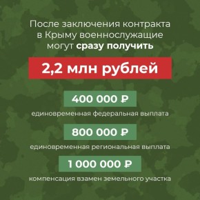 Военнослужащие, заключившие в Крыму контракт с Министерством обороны РФ, могут рассчитывать на получение 2,2 млн рублей единоразово