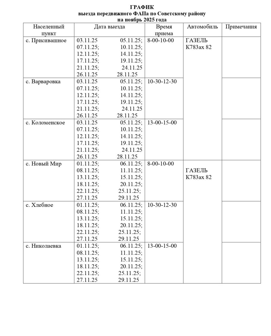 Александр Харламов: График работы выездного ФАПа на территории Советского района Республики Крым Александр Харламов: График работы выездного ФАПа на территории Советского района Республики Крым