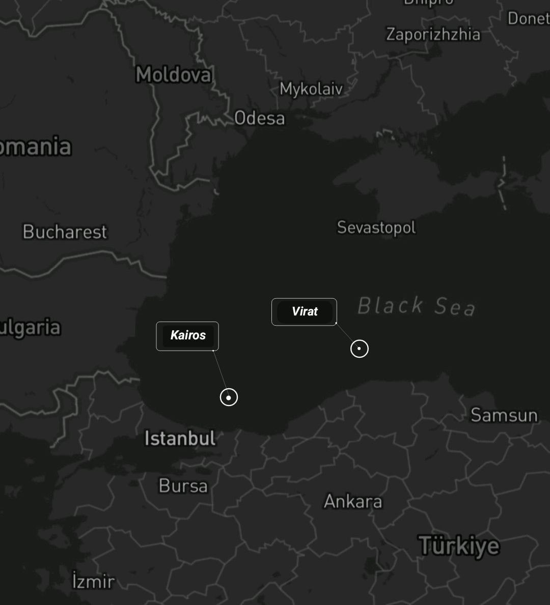 Карта примерного нахождения танкеров KAIROS и VIRAT, которые были атакованы в Черном море