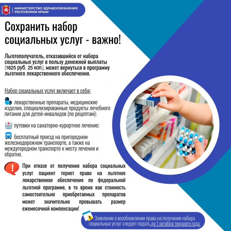 Минздрав РК напоминает крымчанам, как возобновить свое право на получение набора социальных услуг в части льготного лекарственного обеспечения
