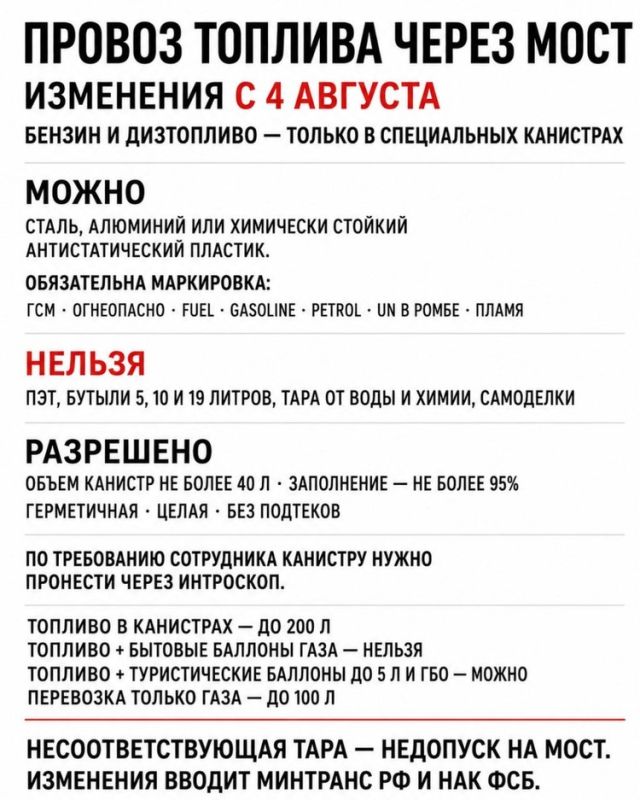 Топливо по Крымскому мосту можно будет перевозить только в специальных канистрах Топливо по Крымскому мосту можно будет перевозить только в специальных канистрах