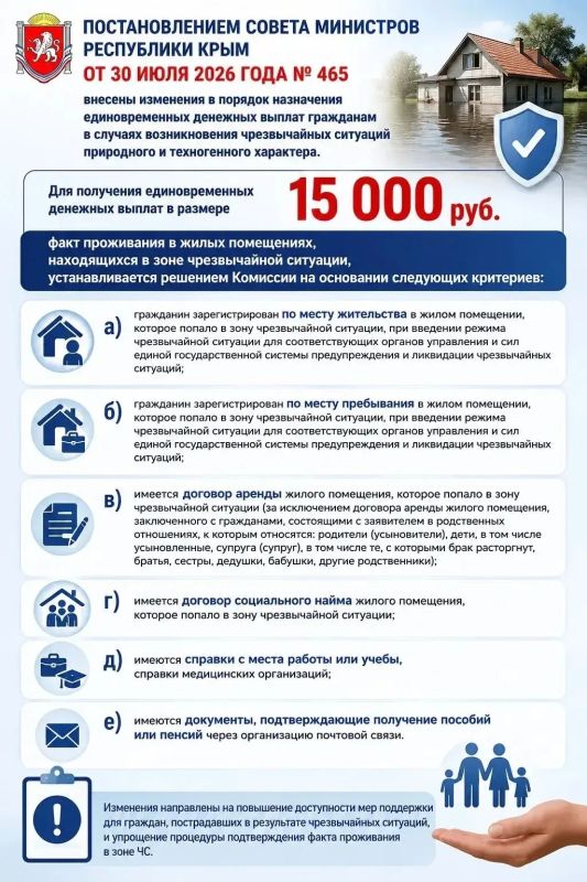 Антон Кравец: Уважаемые жители района!. Обращаем Ваше внимание, что постановлением Совета министров Республики Крым от 30 июля 2026 года № 465 внесены изменения в порядок назначения единовременных денежных выплат гражданам в...