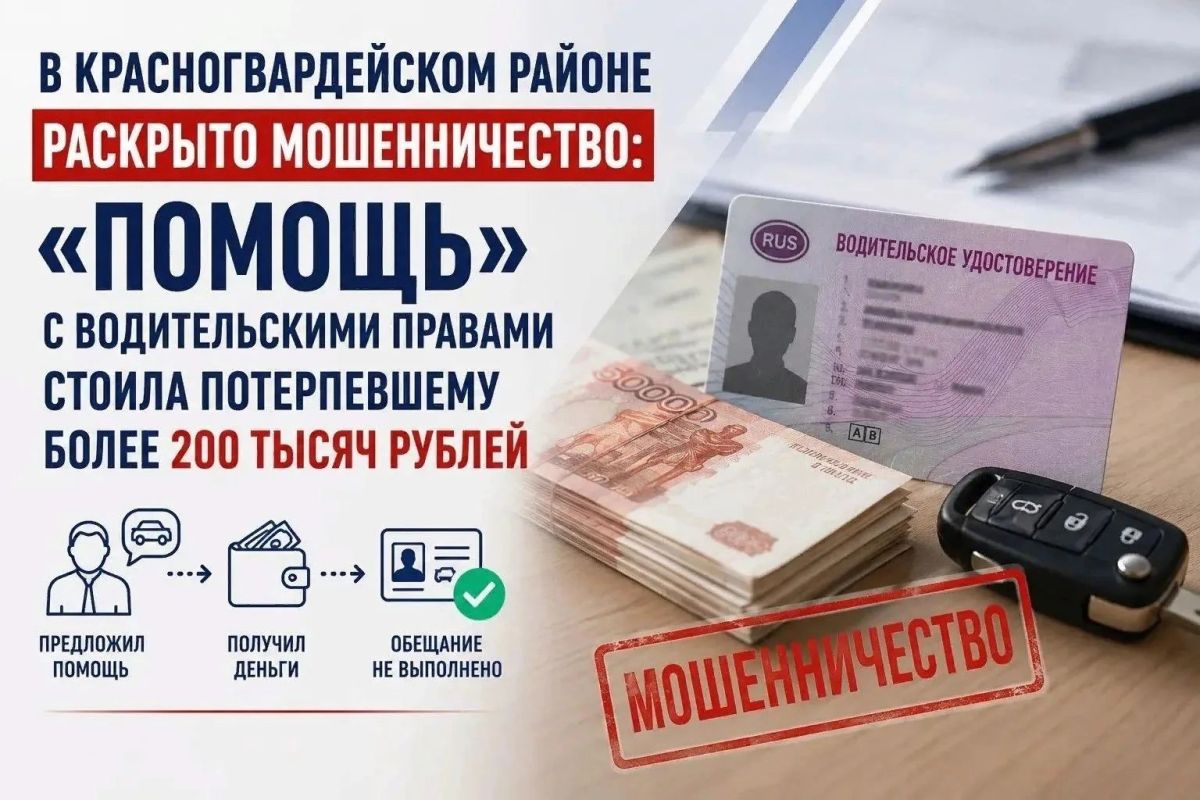 В Красногвардейском районе раскрыто мошенничество: «помощь» с водительскими правами стоила потерпевшему более 200 тысяч рублей