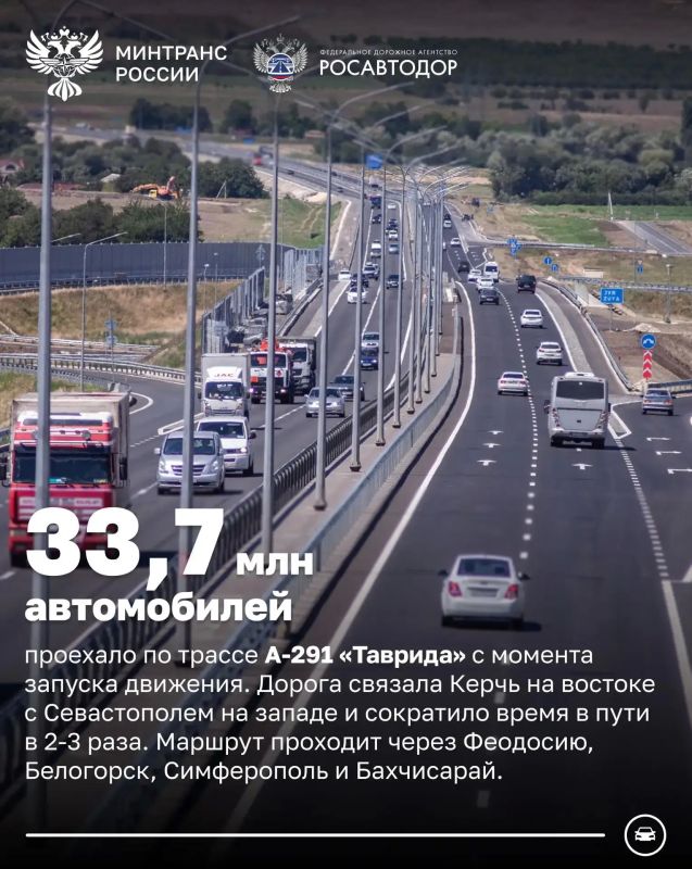За шесть лет по трассе «Таврида» проехали более 33 млн машин За шесть лет по трассе «Таврида» проехали более 33 млн машин