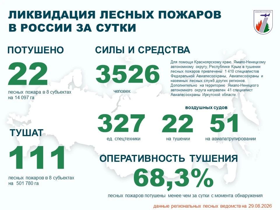 За прошедшие сутки в России потушено 22 лесных пожара в 8 регионах
