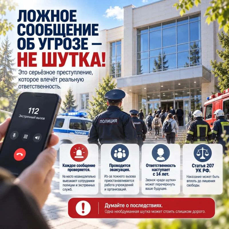 Полиция Крыма предупреждает: ложное сообщение об угрозе — не шутка, а серьёзное преступление