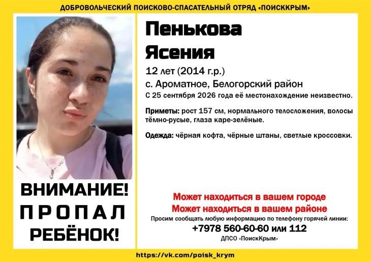 В Белогорском районе пропала 12-летняя Ясения
