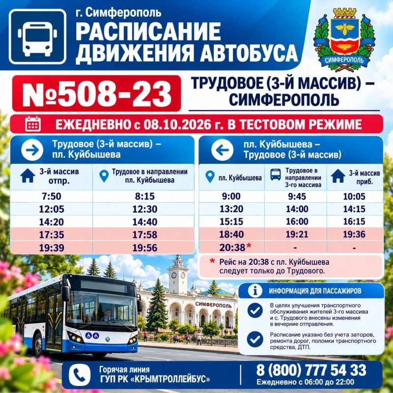 С 8 октября в тестовом режиме № 508-23 переходит на обновлённое вечернее расписание «Трудовое (3-й массив) — Симферополь»