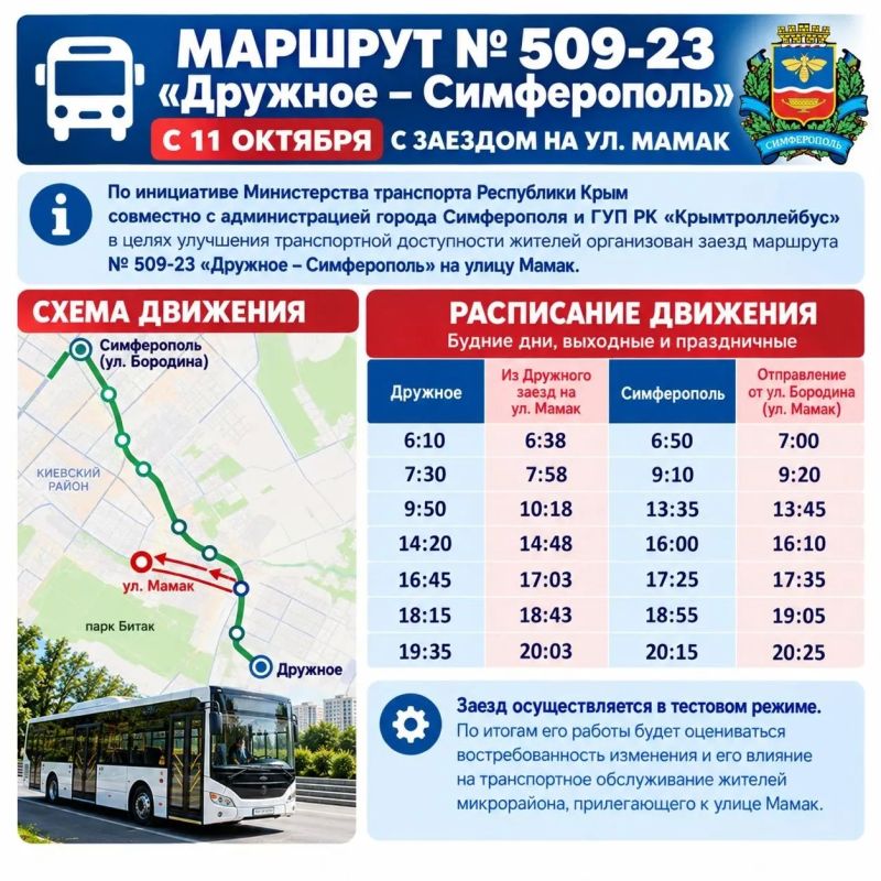 С 11 октября маршрут № 509-23 «Дружное — Симферополь» будет заезжать на улицу Мамак