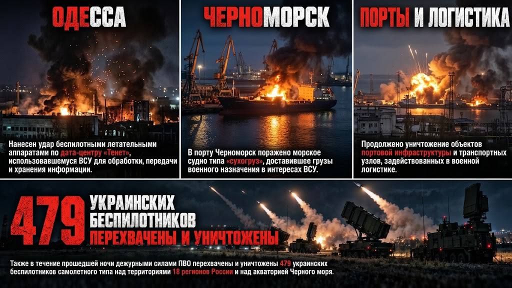 Работа не спит. Продолжено нанесение ударов беспилотными летательными аппаратами по дата-центрам, объектам портовой инфраструктуры, а также морским судам, задействованным в интересах ВСУ: Одесса: Поражен дата-центр «Тенет»...