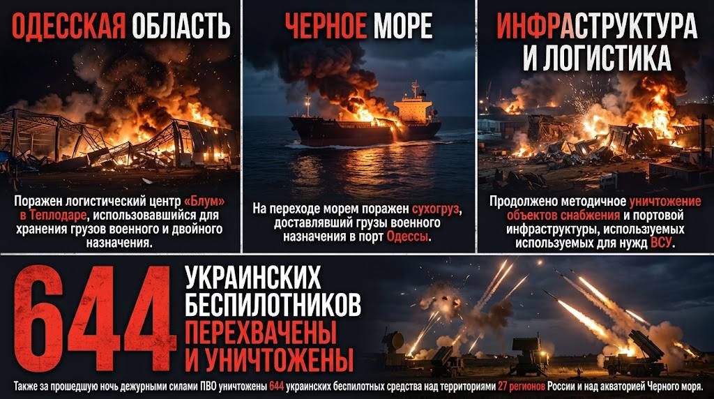 Всё по плану. Продолжено нанесение ударов беспилотными летательными аппаратами по объектам инфраструктуры и морским судам, задействованным в интересах ВСУ: Одесская область: В населенном пункте Теплодар поражен логистический...