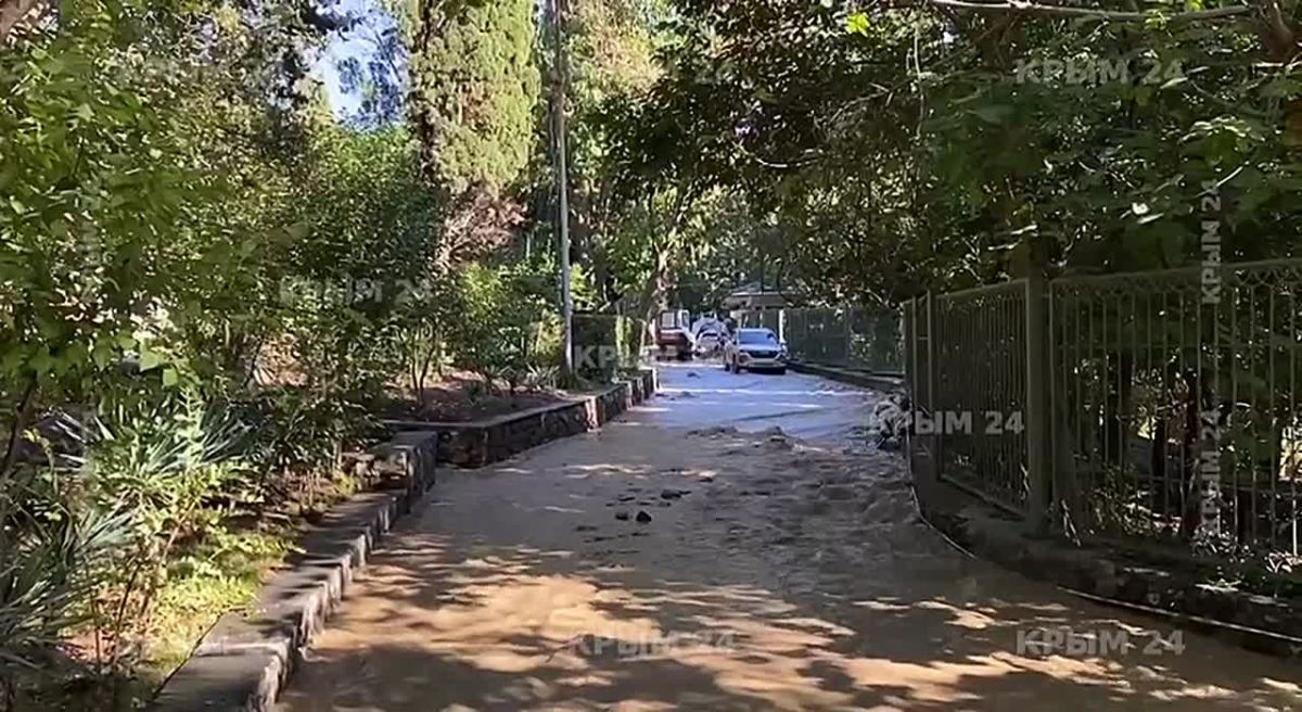 В Алупке удалось отвести мощный поток воды от западных ворот Воронцовского дворца. Рядом соорудили временную дамбу Сейчас вдоль Дворцового шоссе выкладывают мешки с песком, чтобы вернуть воду в русло