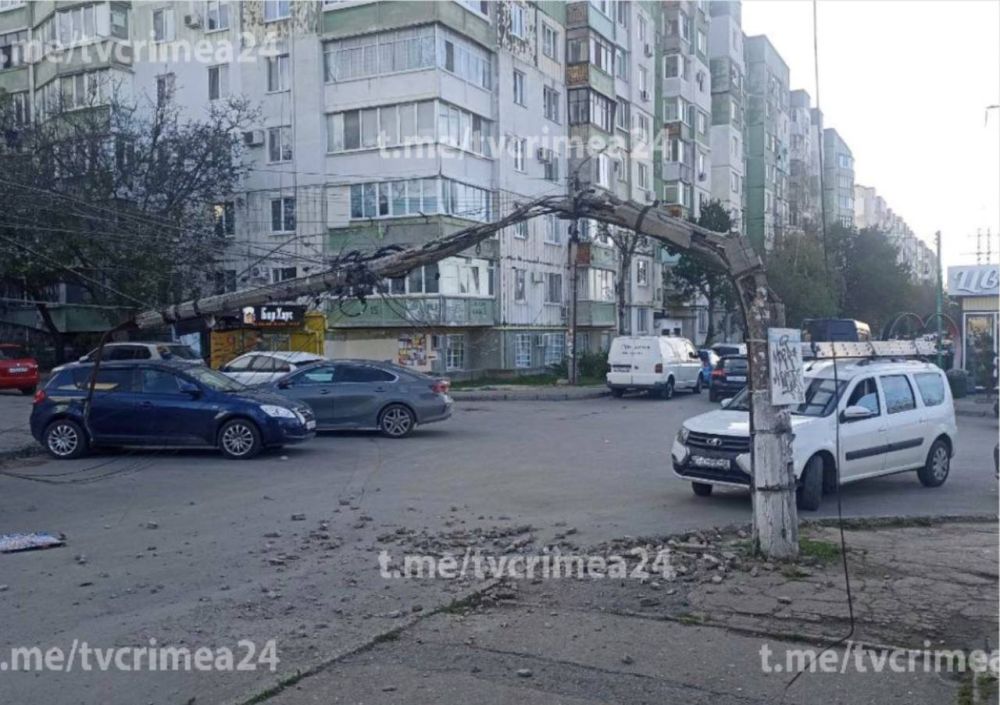В Симферополе из-за непогоды повреждены автомобиль и столб
